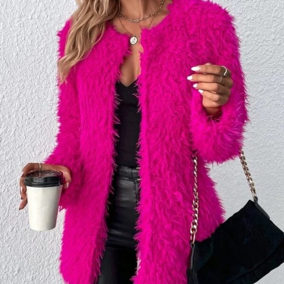 hot Pink Faux fur teddy open front coat jacket trendy contemporary barbie-core - Picture 4 of 6